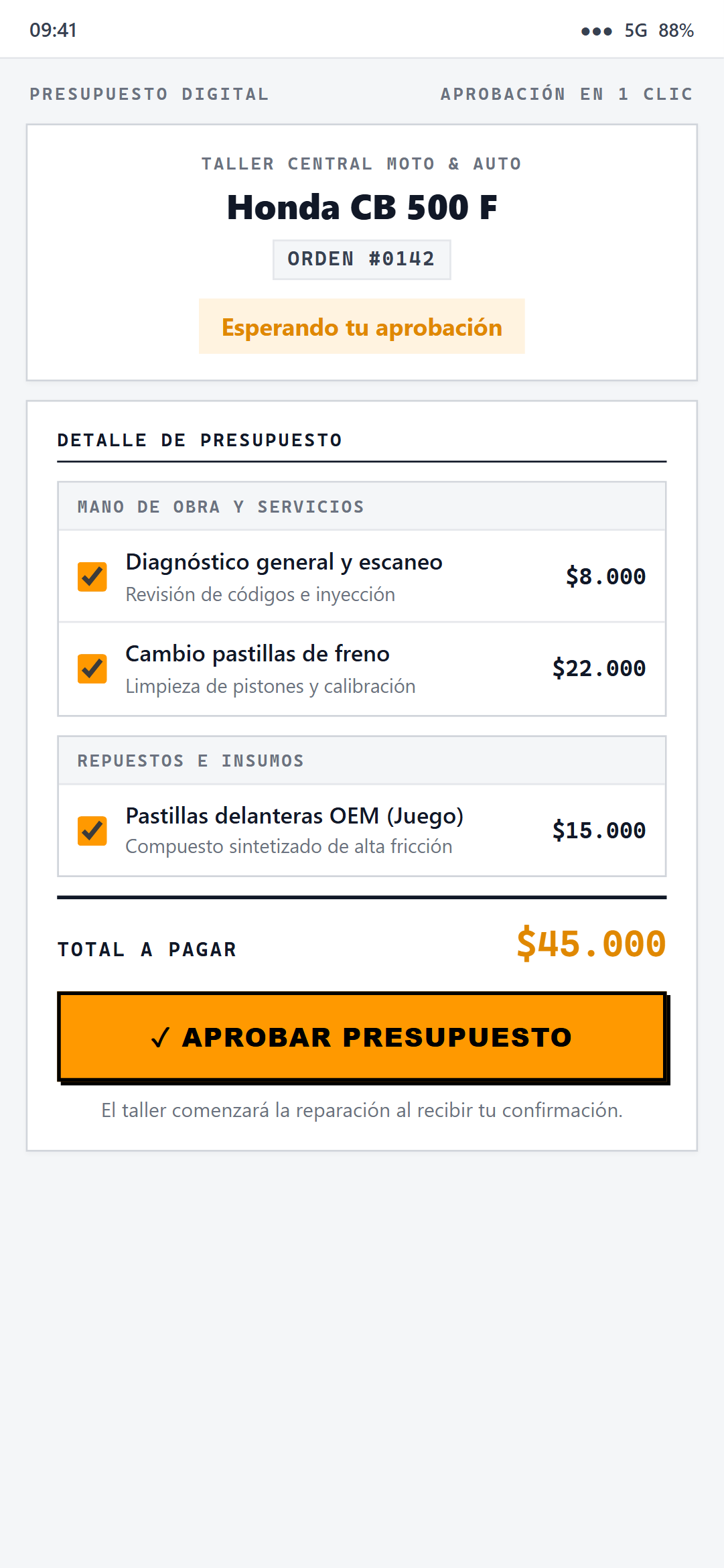 Presupuesto esperando aprobación del cliente desde el celular